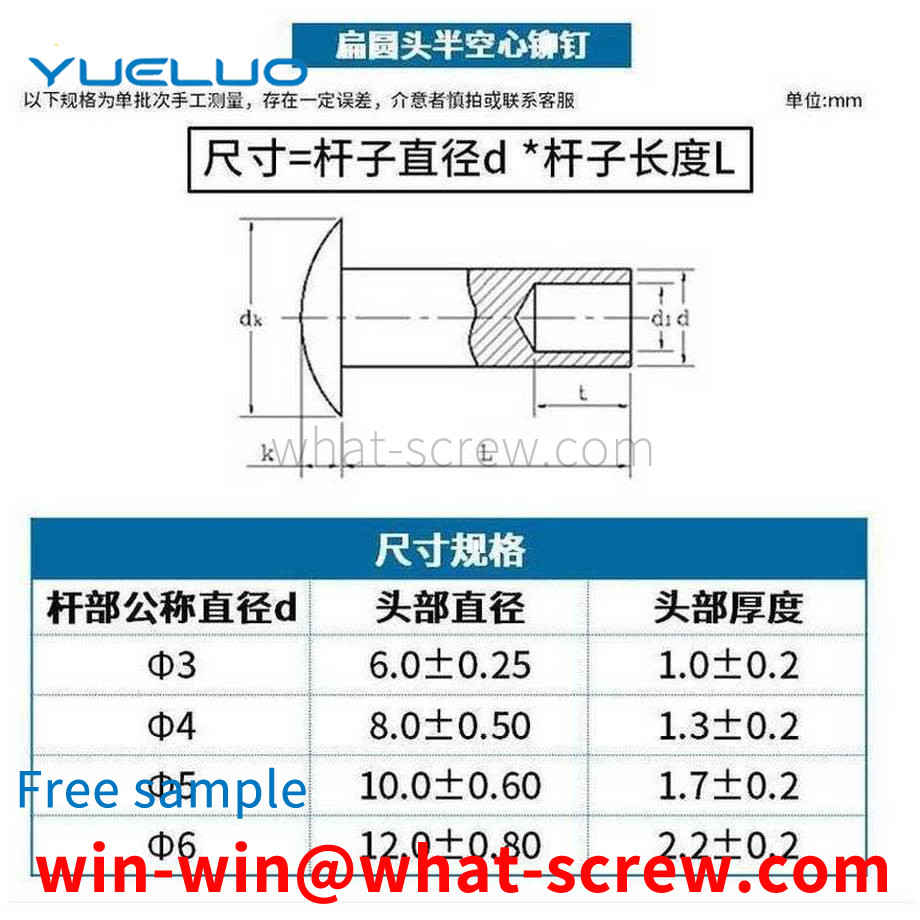 Customized large flat head semi-hollow rivets